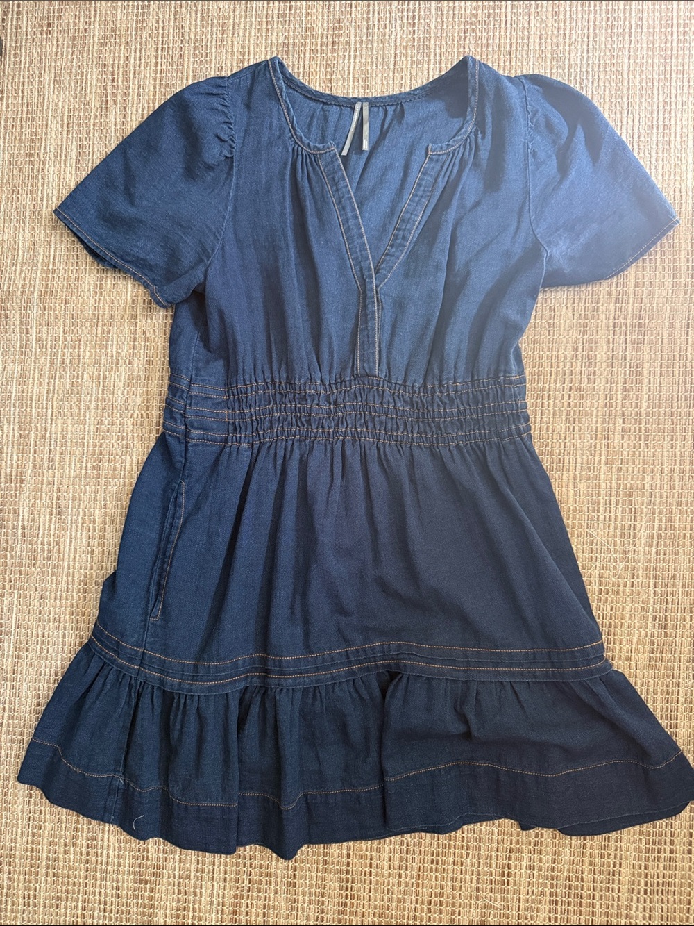 Anthropologie Somerset Dark Blue Denim Mini Dress with Smocked Waist size Large